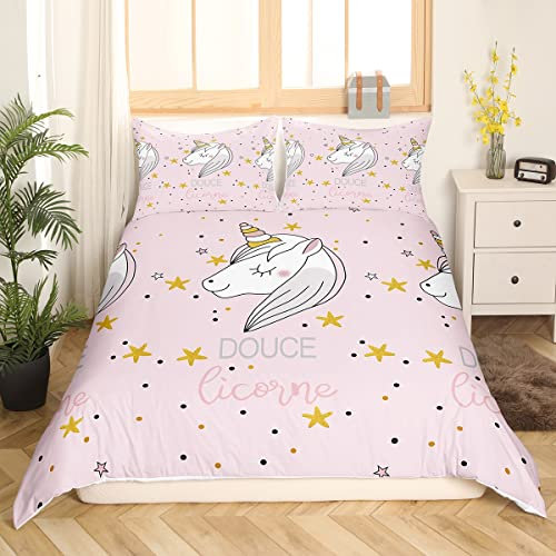 Parure de lit licorne filles animaux imprimé housse de couette mignon cheval étoiles à pois motif housse de couette 200 x 200 pour enfants femmes belle housse de couette en microfibre rose, microfibre