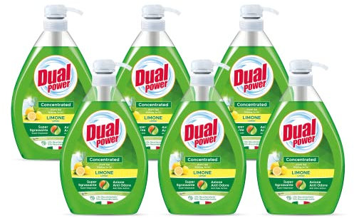 Dual Power Piatti Gel Limone, Detergente Piatti Concentrato ad Elevato Potere Sgrassante, Ideale per Stoviglie Incrostate, Azione Anti Odore, Made in Italy, 6 Dispenser da 1 L