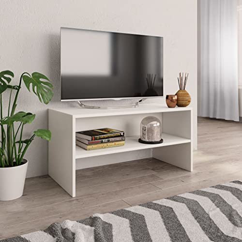homiuse Meuble TV Blanc 80x40x40 cm Aggloméré Bibliothèque Style Classique Support de TV Table TV Meuble Salon Armoire TV Chambre Meuble de Télévision Etagère à Livres Magazines