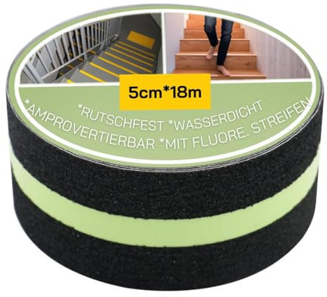 notlok Safety Work - Antirutsch Klebeband [ 18M x 5cm ] Schwarz mit fluoreszierendem Streifen - nachtleuchtend | Griptape für den Innen- und Außenbereich | Grip Tape, Anti Rutsch Streifen