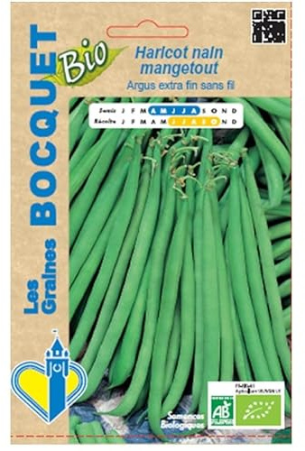 Sachet de graines de Haricot Nain Mangetout Argus Extra Fin Sans Fil- BIO- Certifié ECOCERT FR-BIO-01-60 g - Les Graines Bocquet