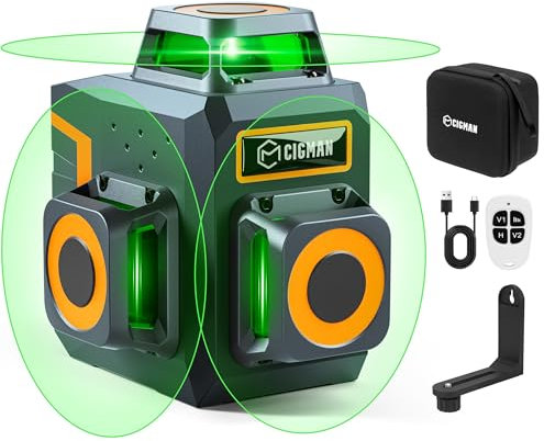 Livella Laser Autolivellante, CIGMAN 3 x 360° Verde, Gamma di Lavoro: 30M, Laser Autolivellante con Batteria al Litio Ricaricabile e telecomando, Luminosità Regolabile CM701SE