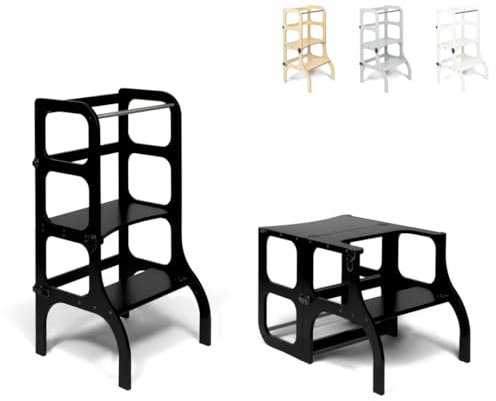 Ette Tete STEP'n'SIT® • Wandelbare Montessori Lernturm + Tisch, 2 in 1 (mit schwarzen Verschlüssen, Schwarz)