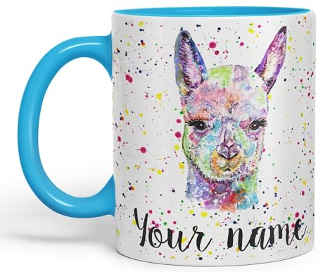 Vixar Personalised with Your Text Alpaca Llama Watercolour Art Coloured Ceramic Mug Cup Gift 330ml 11oz Custom Work Office Tea Coffee (L Blue)