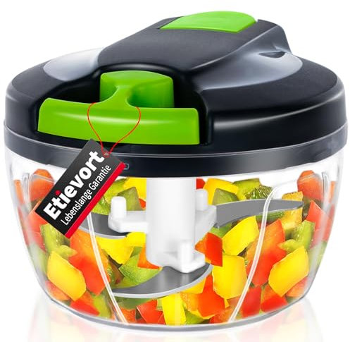 Picadora Manual 550ML, Picadora Manual con Cuerda con 3 Cuchillas de Acero Inoxidable, Picadora de Verduras Manual, Cortador Cebolla Picador para Verduras, Frutas y Nueces (Gris)