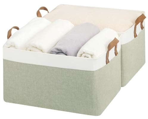 StorageWorks Extra Large Storage Boxes for Shelves, Green and White, 2-Pack | Foldable Boxes with Metal Frame, Clothes Boxes with Handles, Wardrobe Organiser for Bedroom, Fabric Storage Baskets