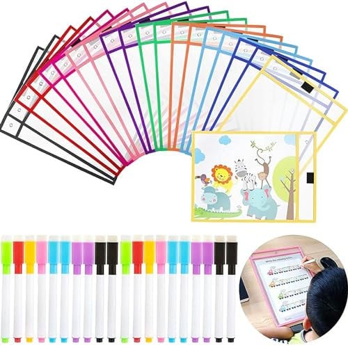 FGXY 40PCS Dry Erase Pockets Set, 20PCS A4 Reusable Dry Erase Pockets Multicolored Clear Plastic Sheet Protectors 20PCS Erase pens Wipe Drawing Board for School Office Teaching Kids Pastels