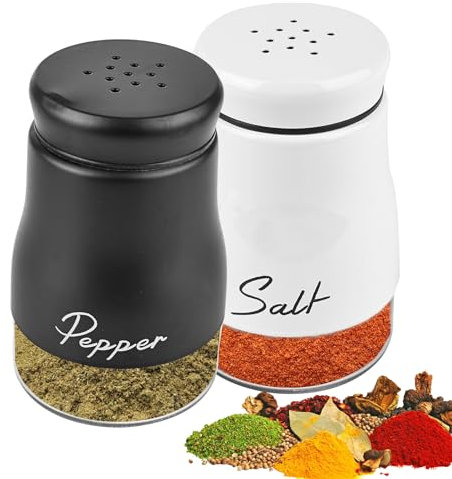 Salière et poivrière - 120 ml - Avec fond en verre - Salière avec couvercle en acier inoxydable - Accessoire de cuisine pour la maison, la cuisine, le restaurant, la table à manger (noir et blanc)