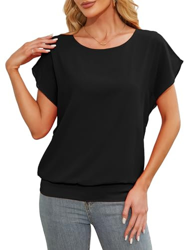 Anelune Ladies Tops Short Sleeve Tops Summer Chiffon Blouse Loose Casual Batwing Sleeve Tops for Women UK Black X-Large