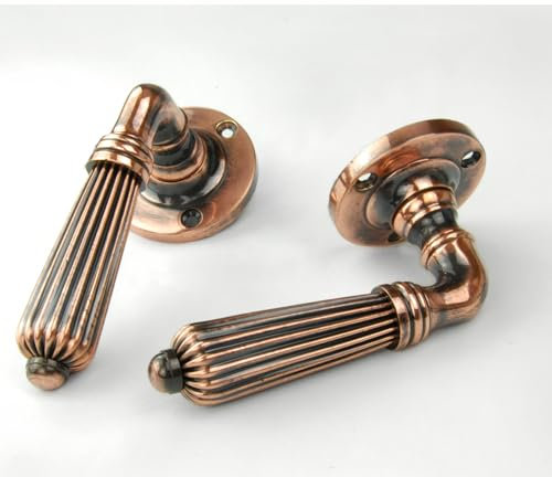 UNDERGROUND PARTS Jones & Grey Regency Reeded Solid Brass Lever Door Handles on Rose - Antique Copper (Latch Lever Handles)