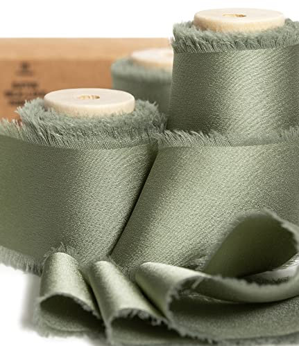 Vitalizart Satin Seidenband Staubgrün, Geschenkband 3,8 cm x 13,7 m mit Holzspule, Handgefertigte Stoffband für Geschenkverpackungen, Festliche Dekorationen, DIY-Basteleien, Hochzeitssträuße