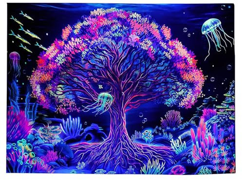 MytaYt Baum des Lebens Wandteppich Mandala Fluoreszenz Uv Wandteppich Lebensbaum Wandtuch Psychedelic Mond Sonne Wanddeko für Schlafzimmer, Wohnzimmer, Tagesdecke, Zimmer(150x200cm)