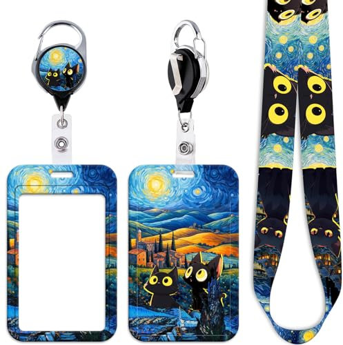 Juanooo Blue Art Ausweishalter mit Sternennacht, Schlüsselband und einziehbarer Spule, niedliche Katzen, Schlüsselband für Frauen, Lehrer, Mädchen, adretter Van Gogh, Schulausweishalter