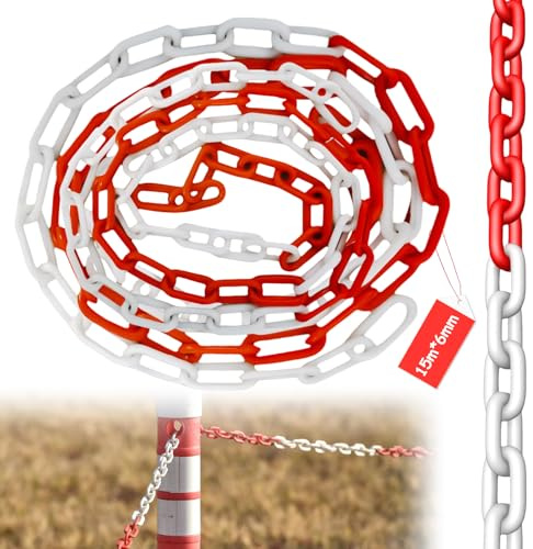 Absperrkette Kunststoffkette Absperrung 15 Meter x 6mm Absperrkette Rot Weiß Kunststoff Warnkette Plastikkette Kunststoff-Gliederkette für Warnsicherheit Parkplatz Bau Absperren