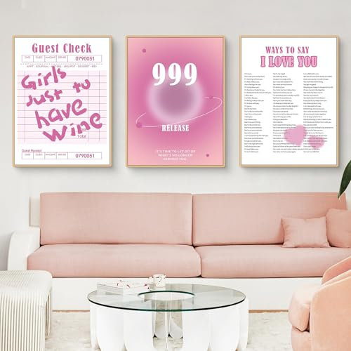 Viusneun 3er Rosa Farbverlauf Aura Poster Set, SAY I Love You, Ästhetische Leinwand Bilder Wandbilder Kunstdruck Wandposter für Schlafsaal Teen Mädchen Schlafzimmer Zimmer Deko (30x40cm)
