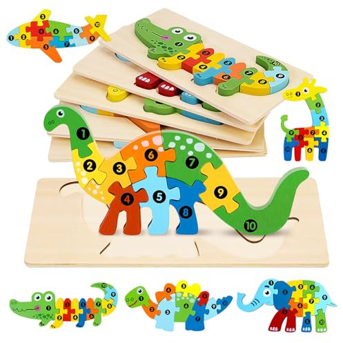 POFIBO 6er-Pack Holzpuzzle - Montessori Holzpuzzle Kinder Lernendes Pädagogisches Spielzeug Dinosaurier Elefant Giraffe Holz Puzzle Weihnachten Geschenke für Kleinkind Jungen und Mädchen 1 2 3 Jahre