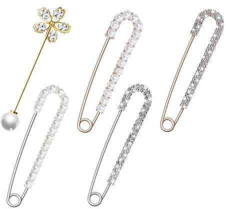 GNAUMORE Perlen Broschen für Kleidung, 5 Stück, Weiß, Klassisch, Nadelbrosche, Perle, Kristall