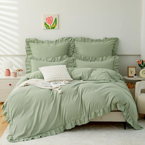 TOCOMOA Rüschen Bettwäsche 135x200 4teilig für Mädchen, Aesthetic Bettwäsche-Sets Mikrofaser, Öko-Tex Zertifiziert, Weich Hellgrün Bettbezug mit Reißverschluss, Kopfkissenbezug 80x80cm