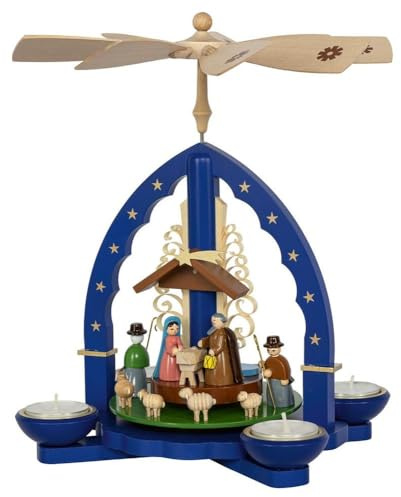 Rudolphs Schatzkiste Pyramide Christi Geburt blau für Teelichte und Kerzen Höhe 27cm NEU Teelichtpyramide Weihnachtspyramide Holzpyramide Tischdekoration Dekoration Weihnachten Wärmespiel Lichter