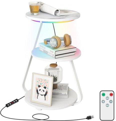 ARTETHYS Side Table, Small Round Coffee Table with RGB LED Lights, End Table with 3 Tier Storage Shelves, Bedside Sofa Side Tables with Remote for Living Room Bedroom, White Marble