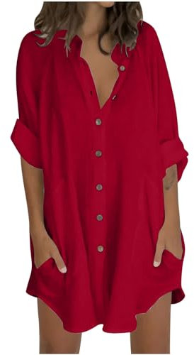 Keepink Womens Tops Oversized Cotton Linen Button Up Shirts Summer Casual Blouse Roll-Up Sleeve Tops Extra Long Top with Pockets Hawaii Beach Cover Up Ladies Clothes