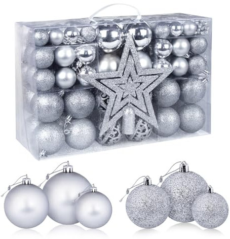 98er Set Weihnachtskugeln Silber, Christbaumkugeln Kunststoff Set, Weihnachtskugeln Ornamente mit Baumkronensterne, Weihnachtsbaumkugeln für Weihnachts Dekoration