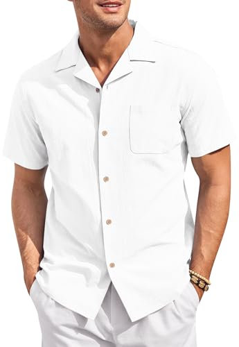 J.VER Mens White Short Sleeve Linen Shirts Lightweight Cotton Plain Regular Fit Casual Work Beach Holiday Summer Short Sleeve Shirt with Pocket M