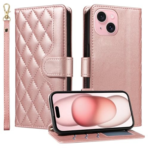 Trugox Handyhülle für Apple iPhone 15 Hülle Klappbar Klapphülle Kariert mit Kartenfach Handytasche Schutzhülle Handy Tasche Leder Wallet Flip Case Cover - Rosa Gold