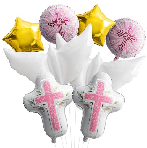 Luftballons Kommunion, 8 Stück Taufe Folienballon, Weiße Taube Kreuz Stern Luftballon, Ballon Kommunion, Taufe Ballons für kinder Erstkommunion-Dekoration Taufparty Zubehör (Rosa)