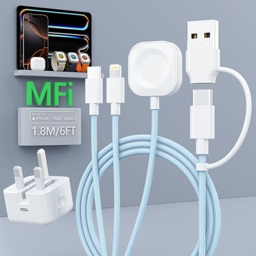 3 in 2 Fast Charger for Apple Watch, 20W USB-C Power Adapter with 1.8M iWatch Charger Cable for Apple Watch Series 10/9/8/7/6/5/4/3/2/Ultra/SE, iPhone 16/15/14/13/12/11, iPad Pro/Air/Mini, Blue