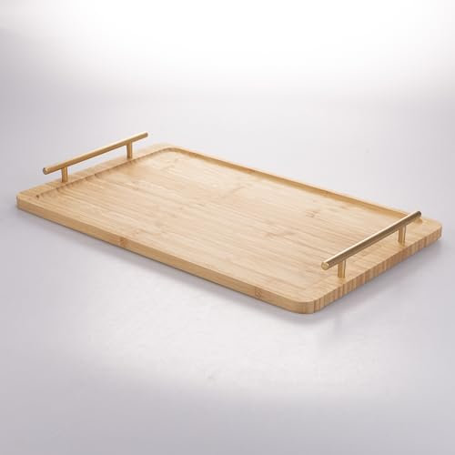 Plateau rectangulaire en Bambou, 50 x 30 cm, poignées Or, Natural