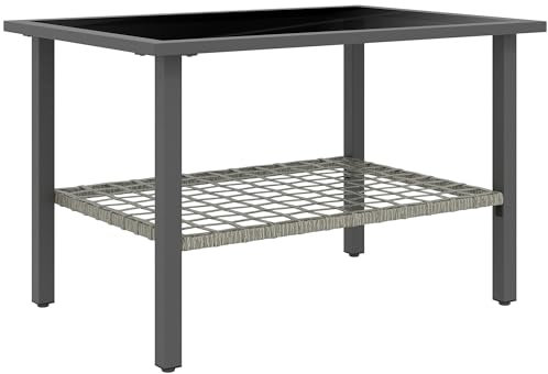 Outsunny Table basse d'extérieur en rotin, table d'appoint rectangulaire avec plateau en verre trempé, étagère de rangement, repose-pieds, meubles de jardin pour terrasse, balcon, gris mélangé