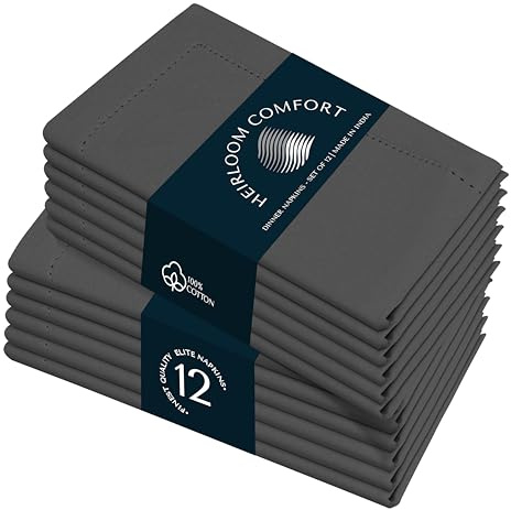 HEIRLOOM COMFORT Graue Stoffservietten, 45 x 45 cm, 12 Stück, 100 % Baumwolle, weich, langlebig, saugfähig, waschbar, Hohlsaum, gehrte Kanten, perfekt für Abendessen, Herbst, Hochzeiten, formelle