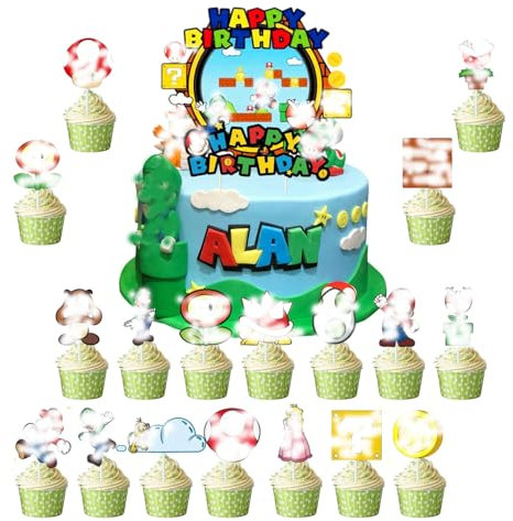 26 Stück Mario Cake Topper, Kuchen Deko, Happy Birthday Cake Topper, Tortendeko Geburstagstorte, Cupcake Toppers Kuchen Deko für Junge Mädchen Kinder Geburtstag Party Dekorationen