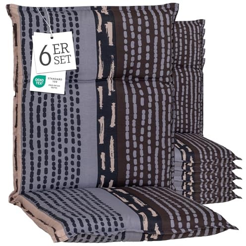 Beo® Barcelona Niedriglehner Gartenstuhlauflagen 6er Set | Waschbar | Made in EU | Öko-Tex Standard | Atmungsaktiv | UV-beständig | Extra Dicke Sitzkissen Outdoor für Komfort