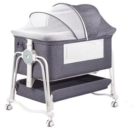 suihuooo 4 In 1 Baby Crib, Next to Me Crib, 7 Level Adjustable Bedside Bed for Baby with Wheels, Storage, Mosquito Net and Matress Included, Portable Cribs for Newborn Infant (Grey)