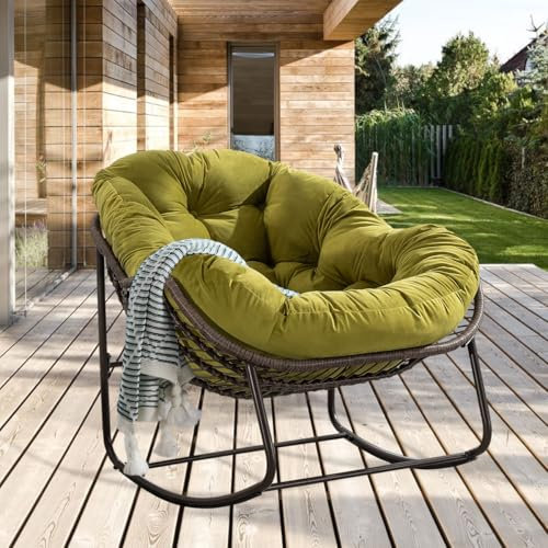 LIFEISLE Schaukelstuhl für drinnen & draußen, Wasserdicht Rattan Loungesessel mit gepolsterung, Ei-Schaukelstuhl für Wohnzimmer Balkon Garten Outdoor Olive Grün