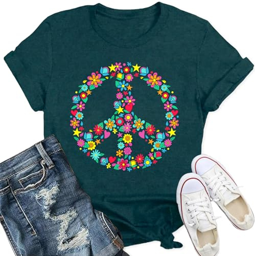 Qskall Womens Peace Sign T Shirts 60s 70s Inspirational Shirt Hippie Love Tee Floral Tops
