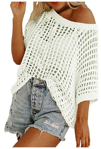 Crochet Tops for Women UK Sexy Hollow Out Off Shoulder Short Sleeve Jumper Casual Summer Knit Beach Cover Up Sweater Lightweight Oversized Baggy Pullover Tops
