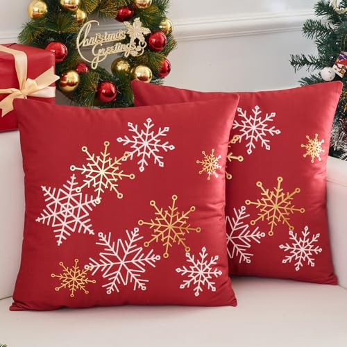 Rot Weihnachts Kissenbezug 40x40 Winter Weihnachten Gold Schneeflocken Muster 40 x 40 Weihnachtliche Kissenbezüge Kissenhülle Dekokissen Sofakissen für Schlafzimmer Wohnzimmer Balkon Dekoration