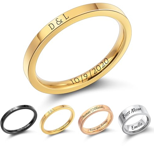 MMXX Personalisierte 2MM/4MM/8MM Edelstahlringe Individuelle Gravur Name Datum Schlichte Eheringe Hochglanzpoliert Verlobungsring für Frauen Männer