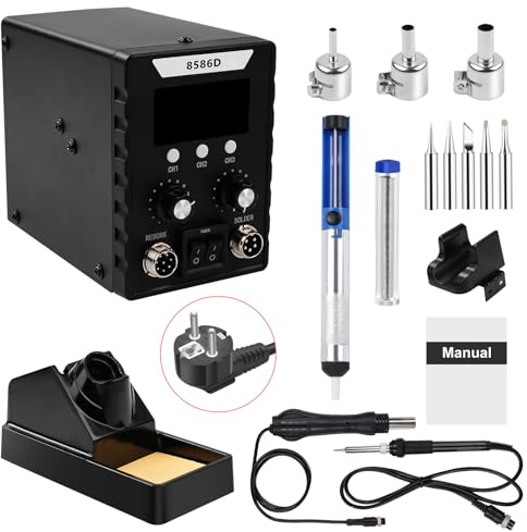 Risegun Profi Lötstation, 2 in 1 Heißluft Lötstation Lötkolben Set 8586D, Einstellbare Temperatur 180℃-500℃ mit 3 Luftdüsen für Elektrische Arbeiten Elektronische Reparatur