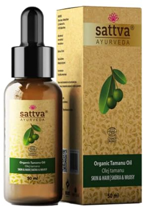 Sattva Ayurveda Bio Tamanu Öl – Kaltgepresst Unraffiniert – ECOCERT COSMOS ORGANIC – Gesichtsöl Haaröl Körperöl – Für empfindliche unreine und trockene Haut – 50 ml