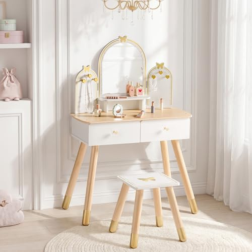 ROBUD Schminktisch aus Holz mit Hocker und Spiegel | Mädchen Frisiertisch mit Schublade und Zubehör, ab 3 Jahren - Weiß-golden