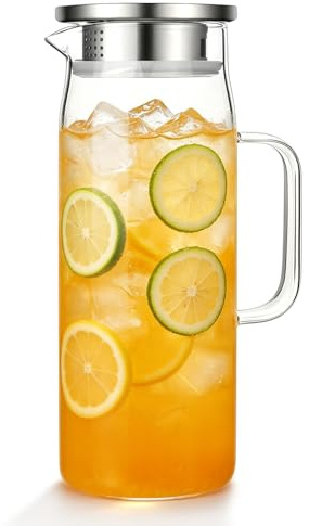 Glass Pitcher, Yeelua 1.2 L Large Capacity Kettle with Removable Lid, Clear Glass Pitcher Carafe for Refrigerator, Hot Cold Water Jug, Beverage Carafe for Tea Cafe Lemonade (1.2, Liters)