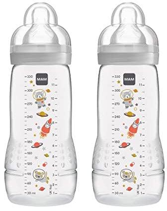 MAM Easy Active Bottles | 2 Pack (2 x 330ml) | Fast Flow MAM Teats Size 3 | Baby Accessories | Beige (Various Designs)