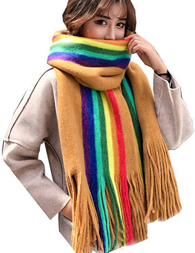 Cheerlife Damenschal Regenbogen Schal Halstuch Warmer Strickschal Herbst Winter Schal Tuch 200 * 55CM Gelb