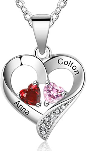Grand Made Personalisierte Namenskette Birthstone Kette mit Namen 2 Ehepaar Liebhaber Geburtstag Jubiläum Halskette mit 2 Edelsteinen Namenskette Silber Engagement Halskette Damen Schmuck