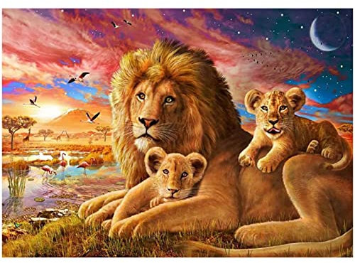 Diamond Painting DIY 5D Diamant Gemälde Malen nach Zahlen Set Löwe, Mutter und Kinder,5D Diamant Painting Diamant Malerei Kits Stickerei, Strass Kreuzstich Kunst Handwerk Heimwanddekoration 40x30cm