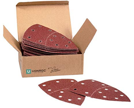 VONROC Set di 50 fogli di carta abrasiva per levigatrice palmare e delta. 100 x 150 mm. 5 diverse grane G40, G80, G120, G180, G240